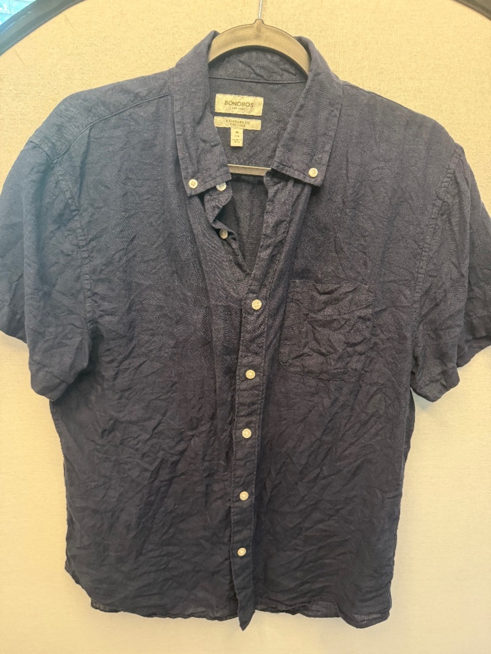 Bonobos Men’s Medium Pure Linen Short Sleeve Shirt Navy Standard Fit